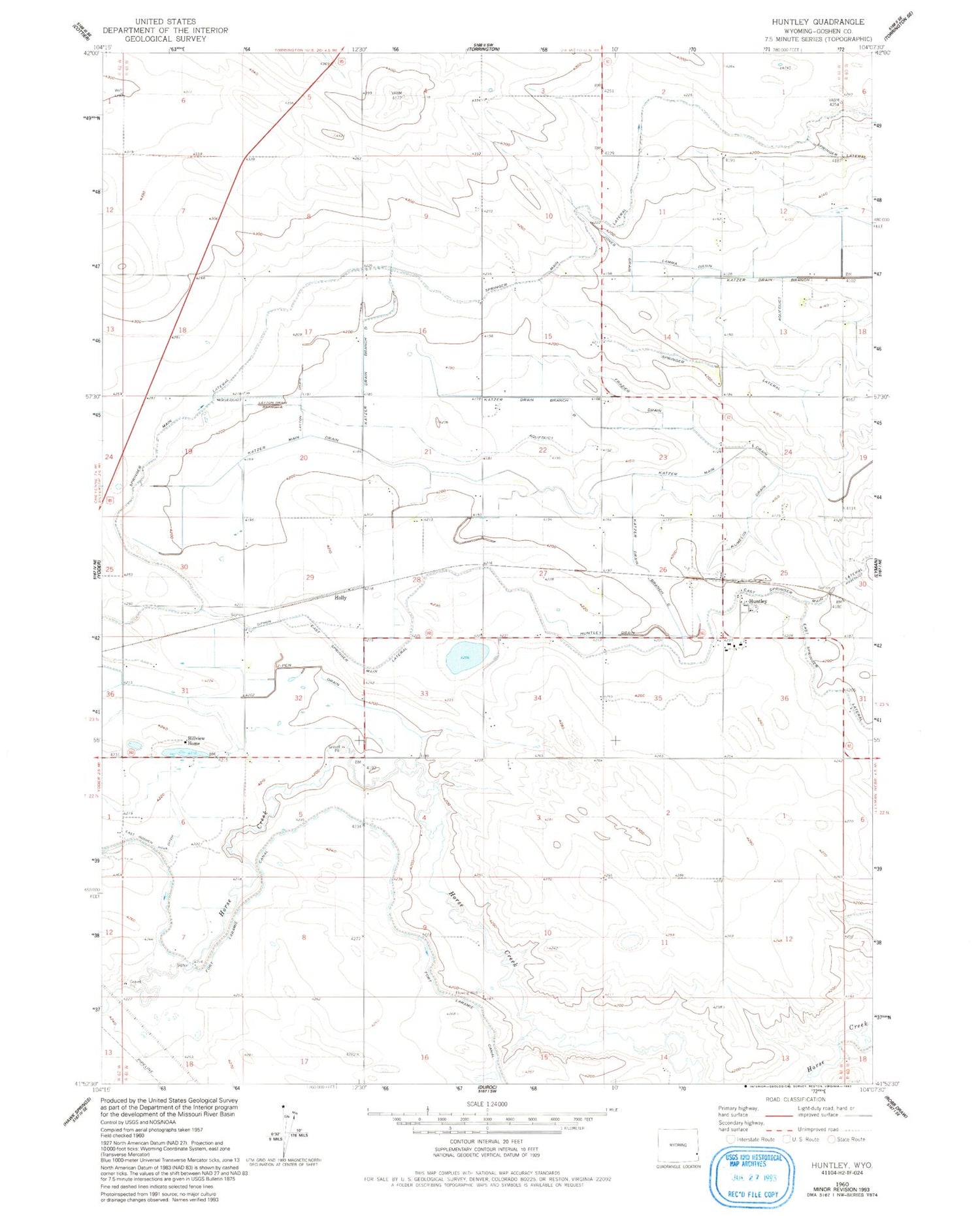 Classic USGS Huntley Wyoming 7.5'x7.5' Topo Map Image