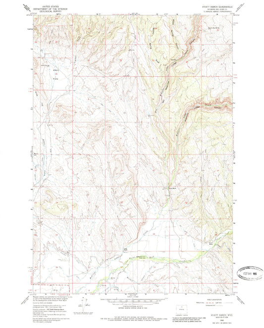 Classic USGS Hyatt Ranch Wyoming 7.5'x7.5' Topo Map Image