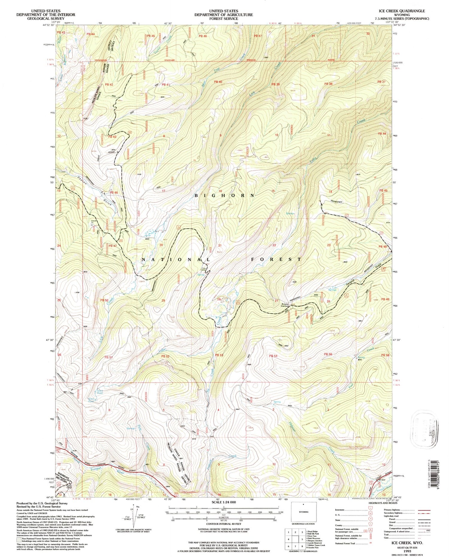 Classic USGS Ice Creek Wyoming 7.5'x7.5' Topo Map Image