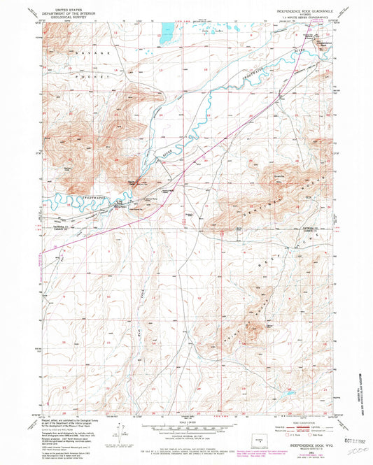 Classic USGS Independence Rock Wyoming 7.5'x7.5' Topo Map Image