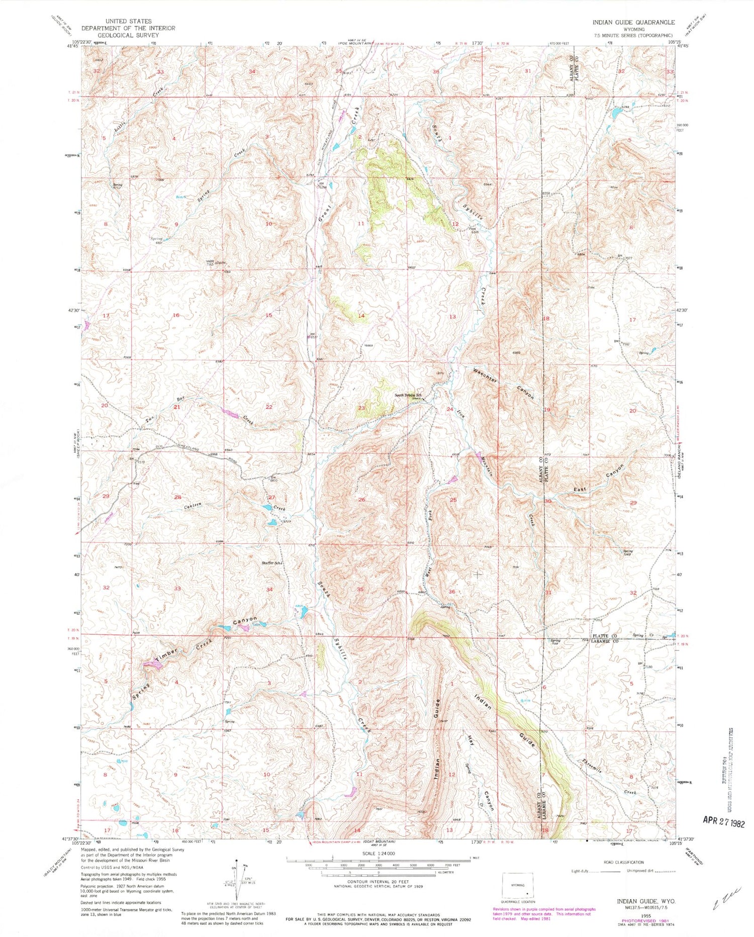 Classic USGS Indian Guide Wyoming 7.5'x7.5' Topo Map Image