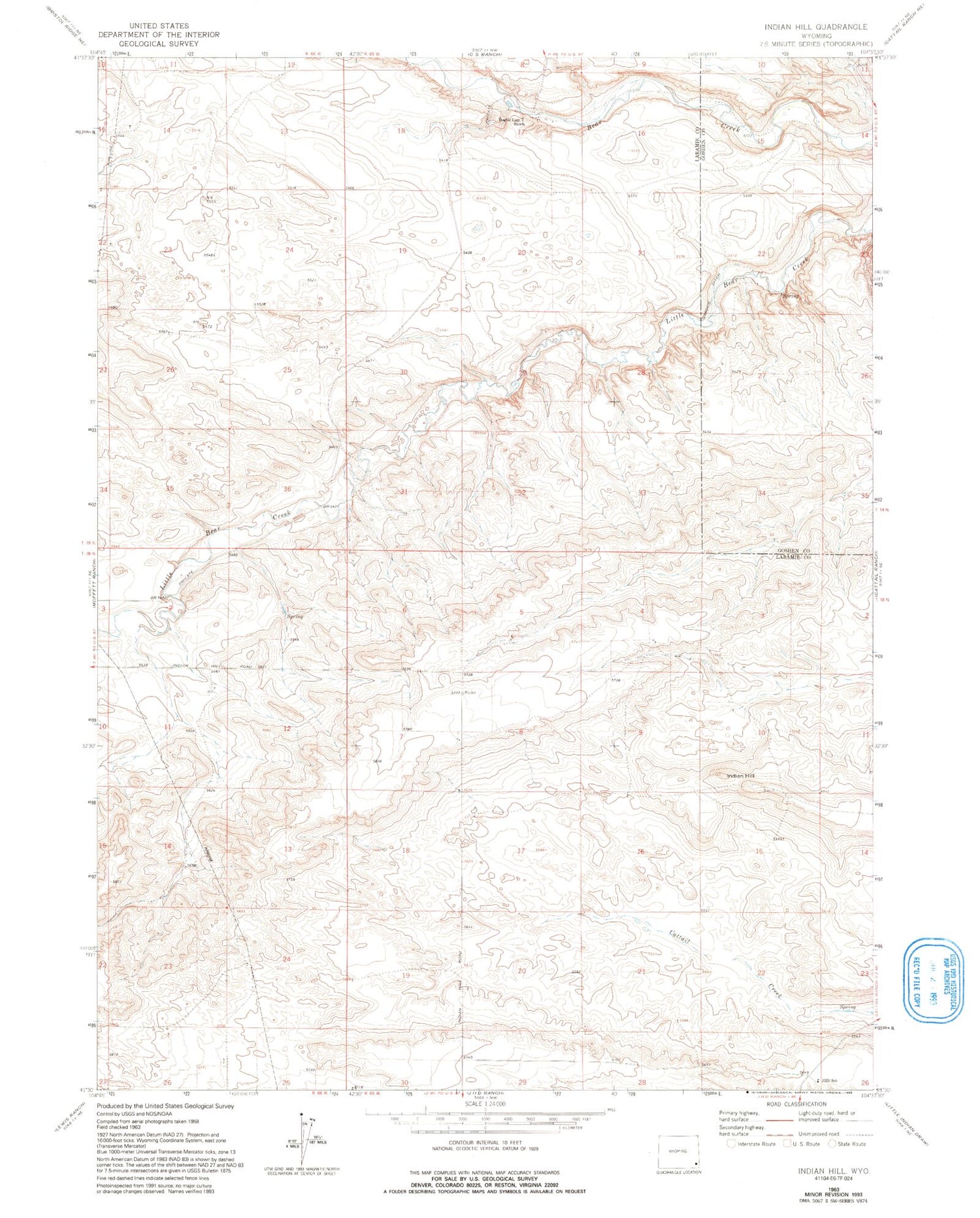 Classic USGS Indian Hill Wyoming 7.5'x7.5' Topo Map Image