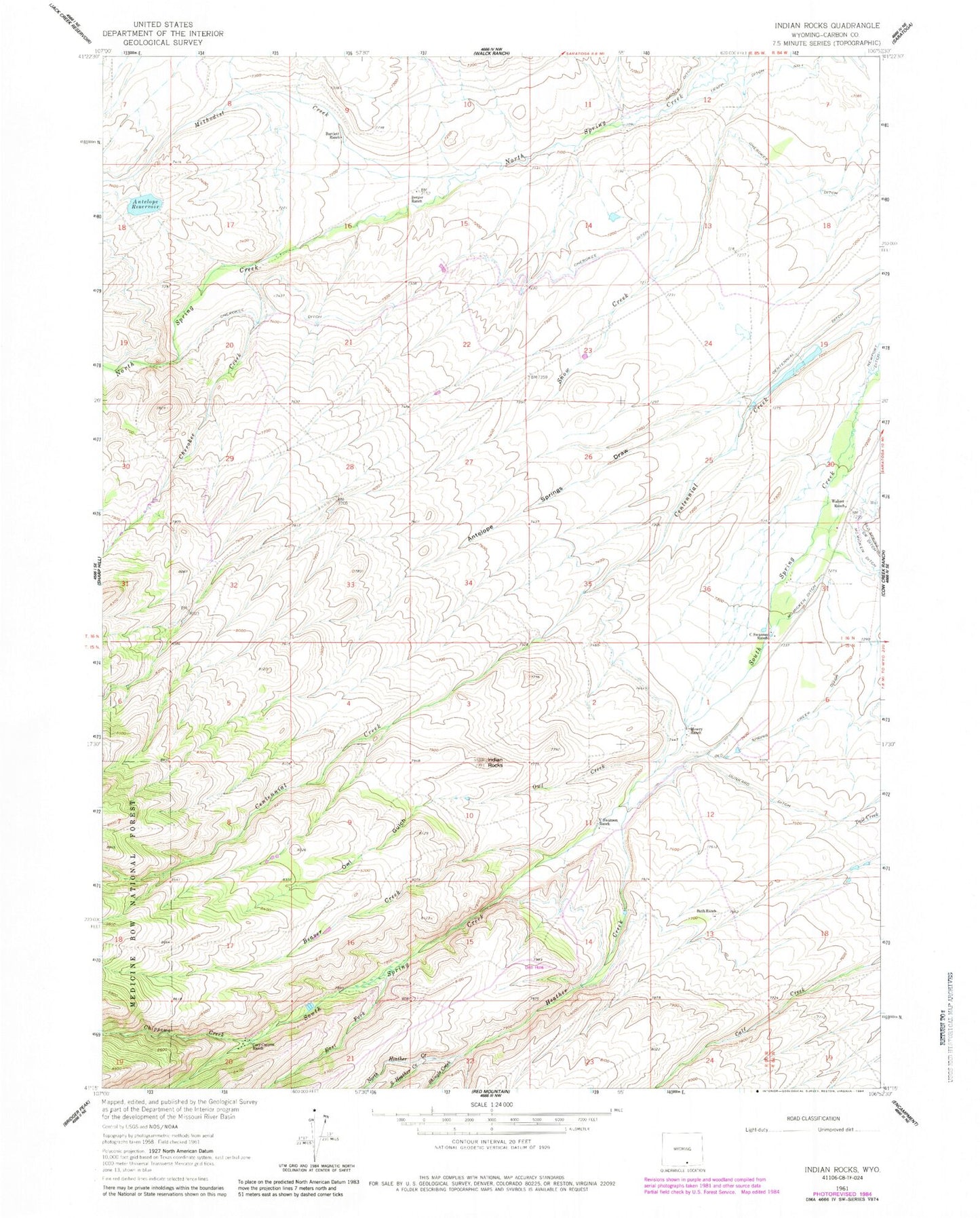 Classic USGS Indian Rocks Wyoming 7.5'x7.5' Topo Map Image