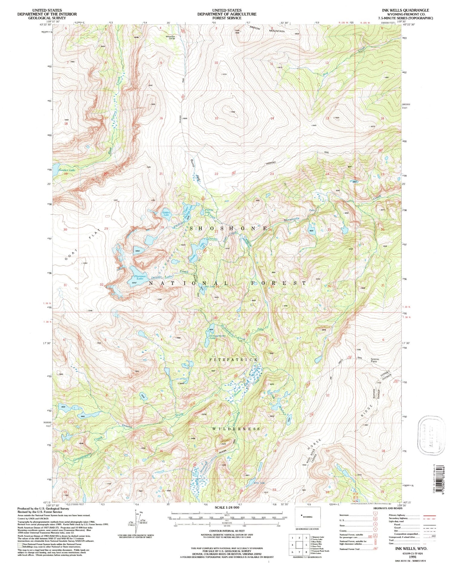 Classic USGS Ink Wells Wyoming 7.5'x7.5' Topo Map Image