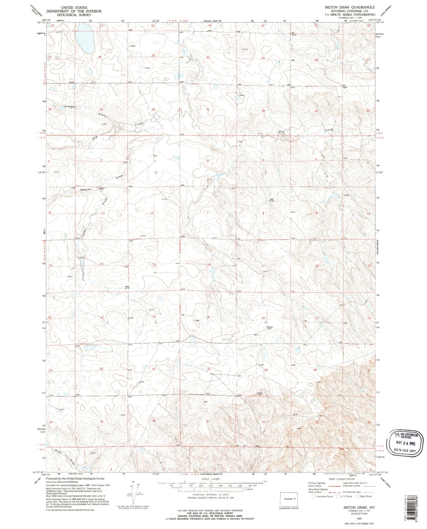 Classic USGS Ireton Draw Wyoming 7.5'x7.5' Topo Map Image