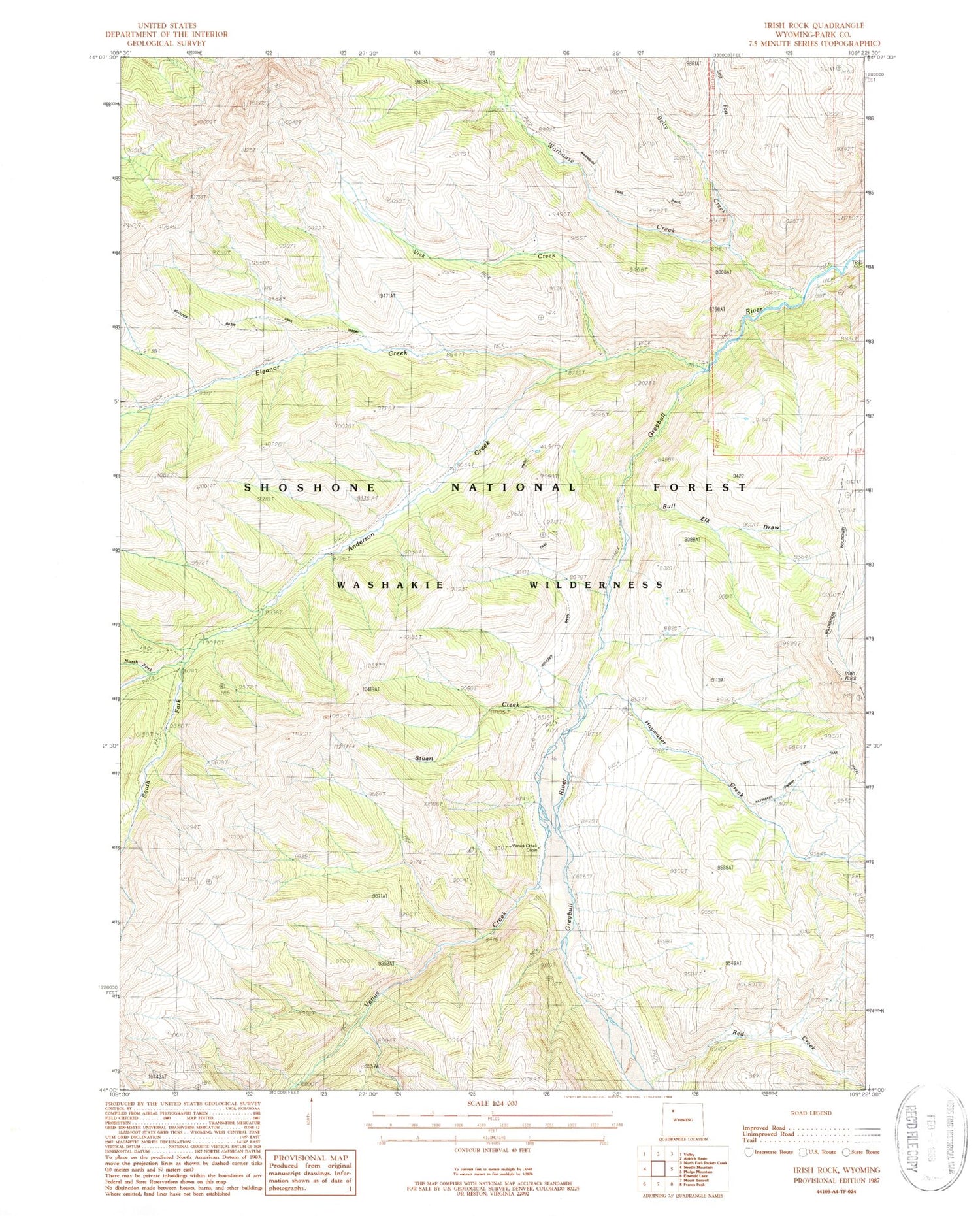 Classic USGS Irish Rock Wyoming 7.5'x7.5' Topo Map Image