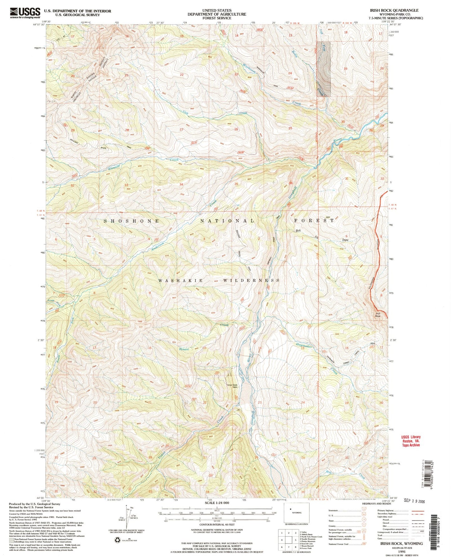 Classic USGS Irish Rock Wyoming 7.5'x7.5' Topo Map Image