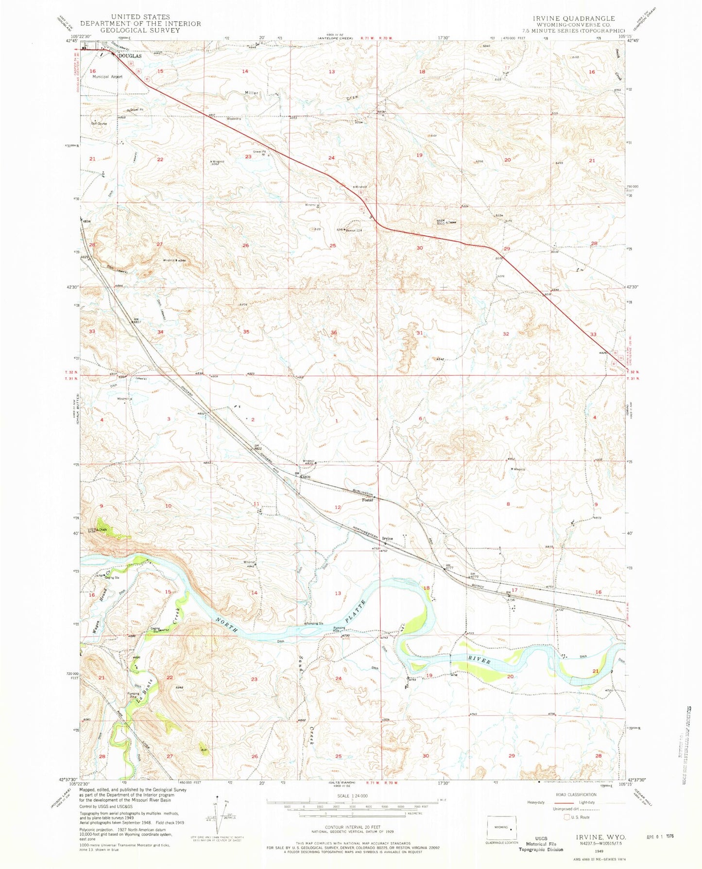 Classic USGS Irvine Wyoming 7.5'x7.5' Topo Map Image