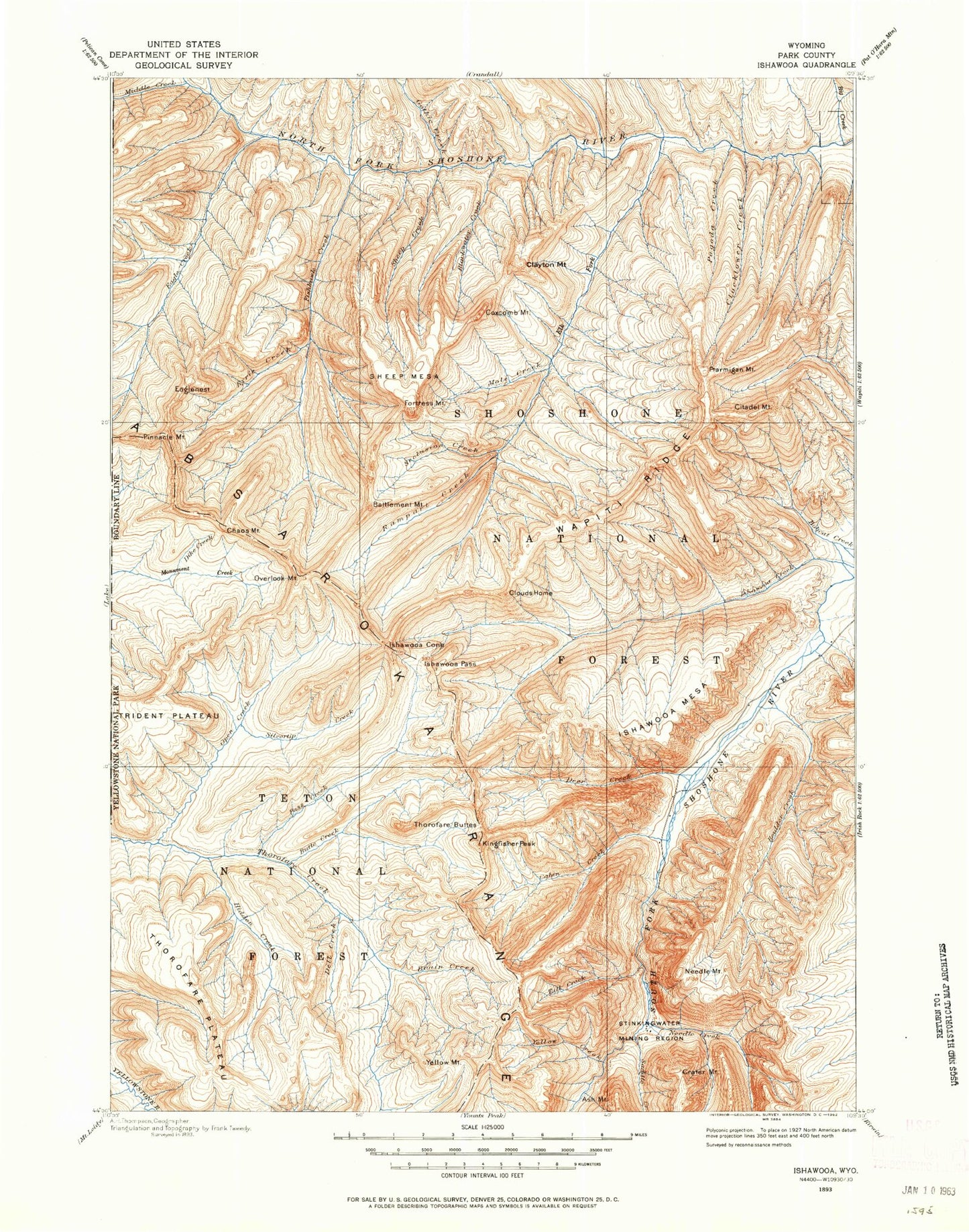Historic 1893 Ishawoda Wyoming 30'x30' Topo Map Image