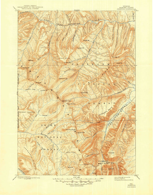 Historic 1899 Ishawoda Wyoming 30'x30' Topo Map Image
