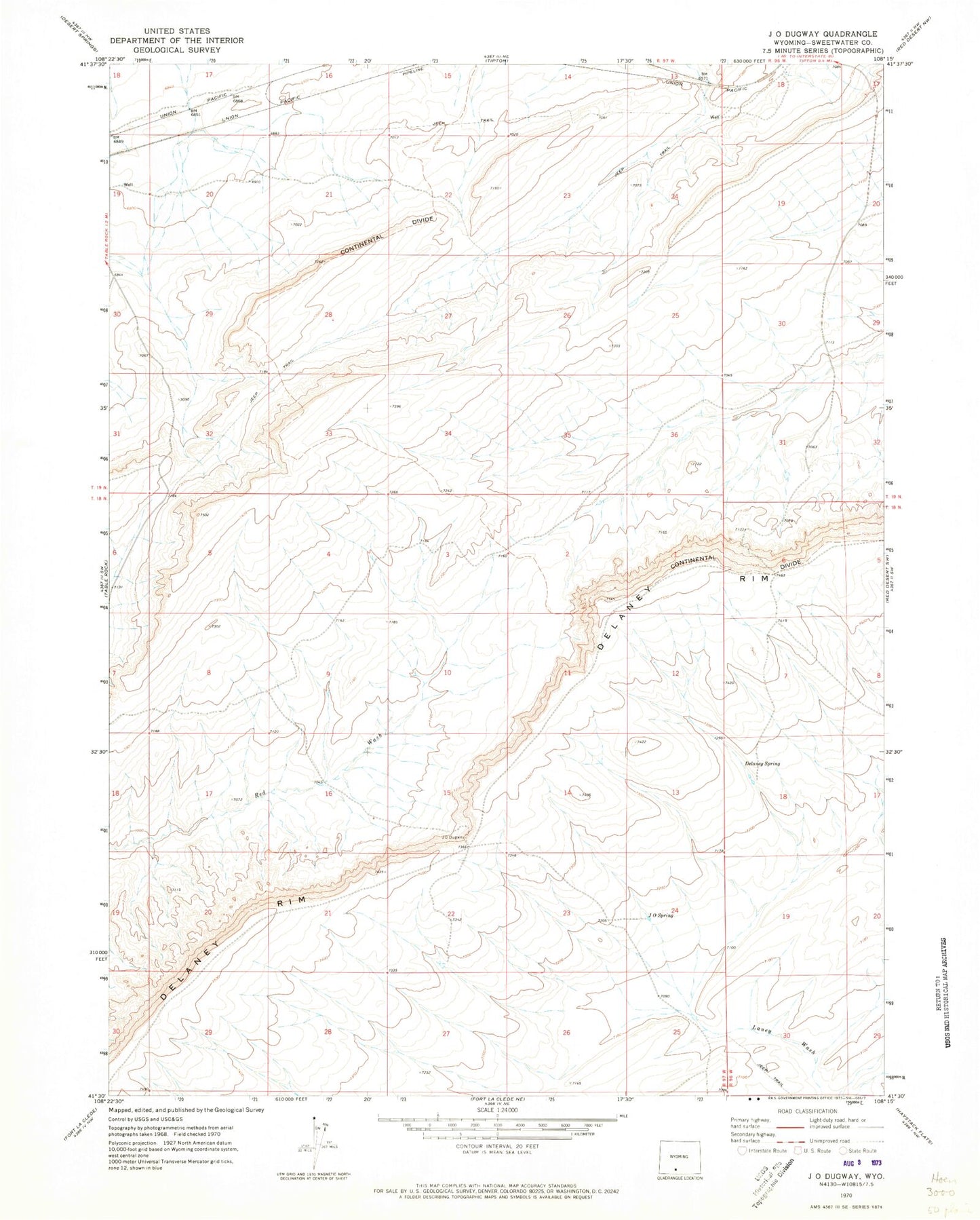 Classic USGS J O Dugway Wyoming 7.5'x7.5' Topo Map Image