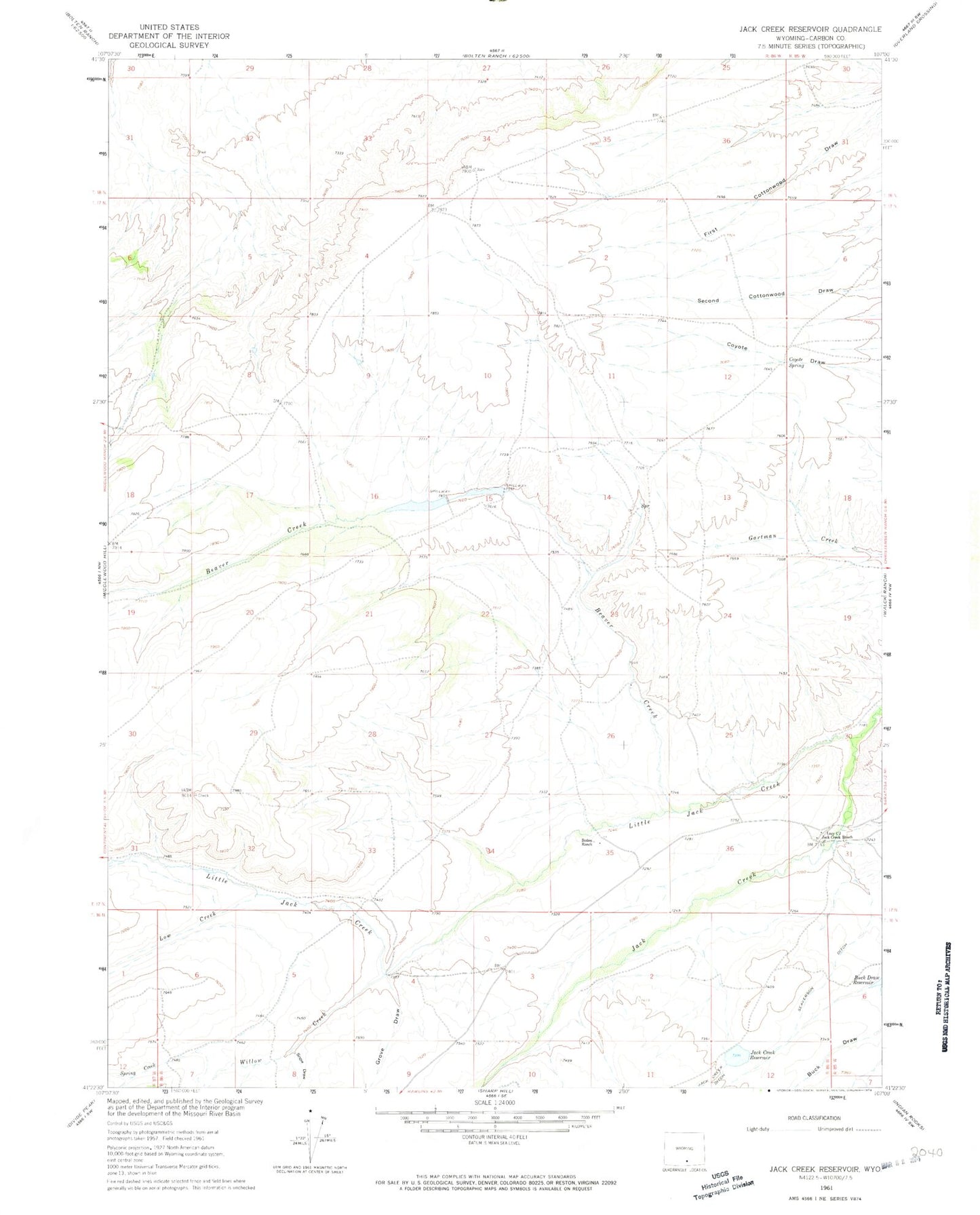 Classic USGS Jack Creek Reservoir Wyoming 7.5'x7.5' Topo Map Image