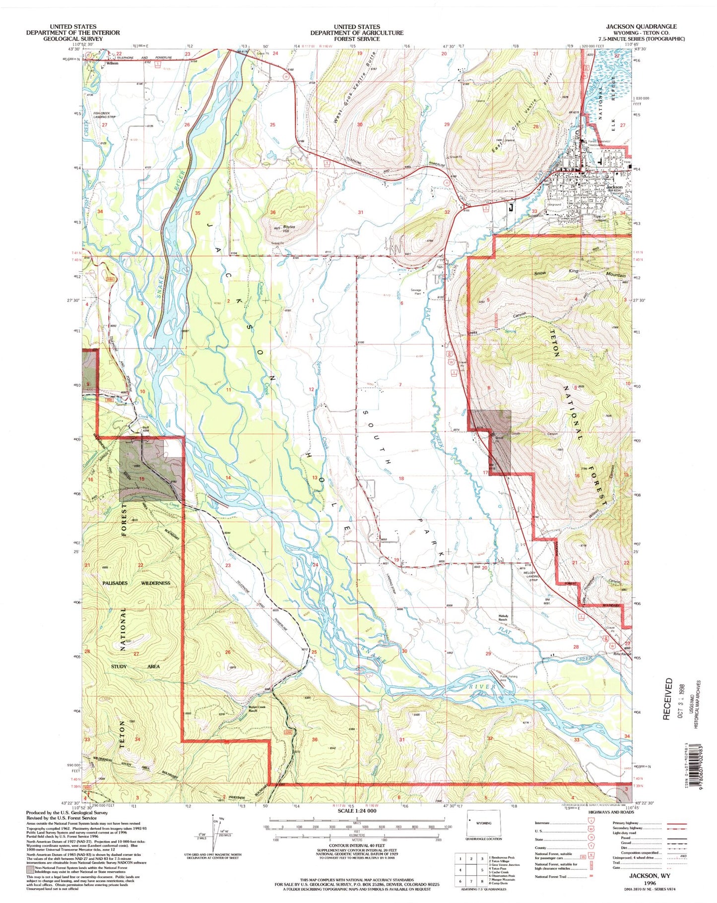 Classic USGS Jackson Wyoming 7.5'x7.5' Topo Map Image