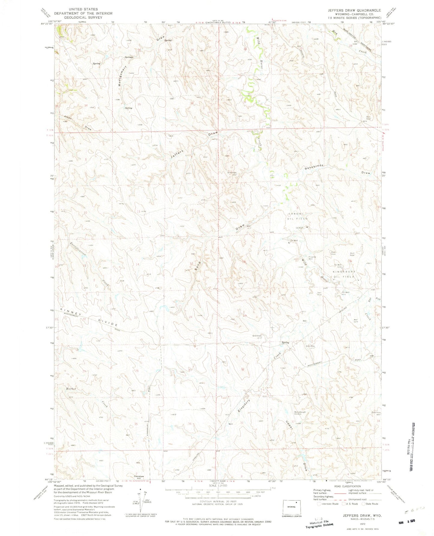 Classic USGS Jeffers Draw Wyoming 7.5'x7.5' Topo Map Image