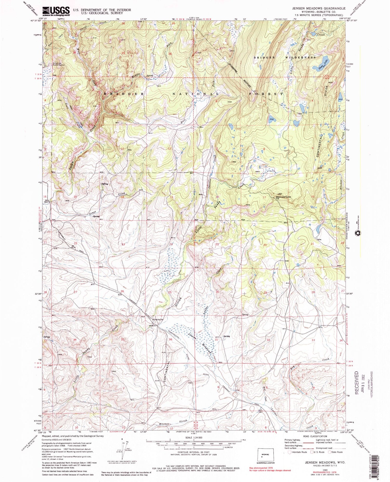 Classic USGS Jensen Meadows Wyoming 7.5'x7.5' Topo Map Image