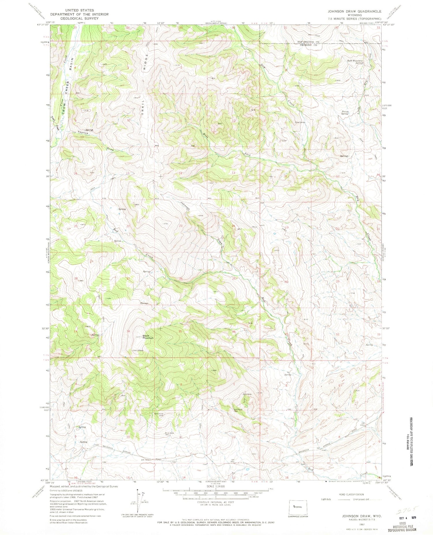Classic USGS Johnson Draw Wyoming 7.5'x7.5' Topo Map Image