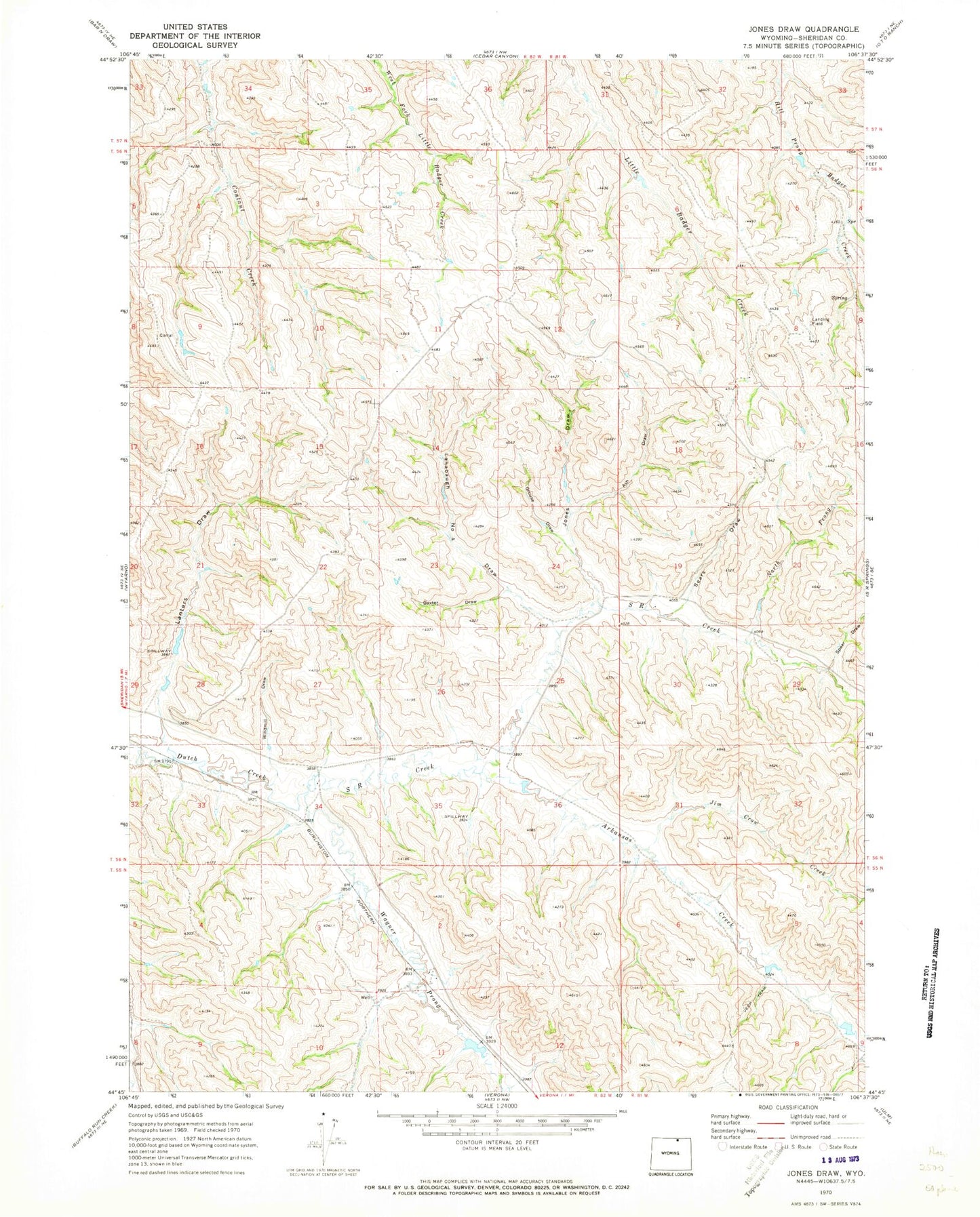 Classic USGS Jones Draw Wyoming 7.5'x7.5' Topo Map Image