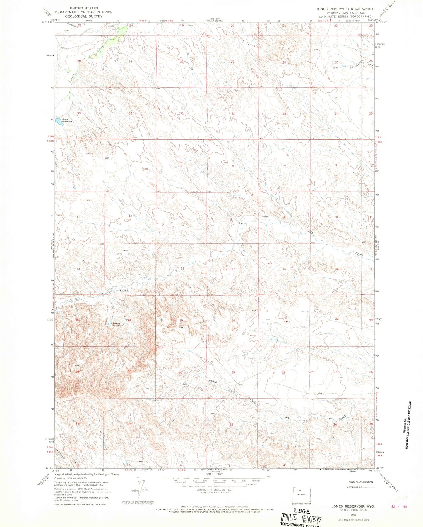 Classic USGS Jones Reservoir Wyoming 7.5'x7.5' Topo Map Image