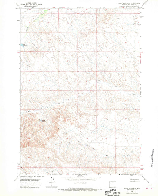 Classic USGS Jones Reservoir Wyoming 7.5'x7.5' Topo Map Image