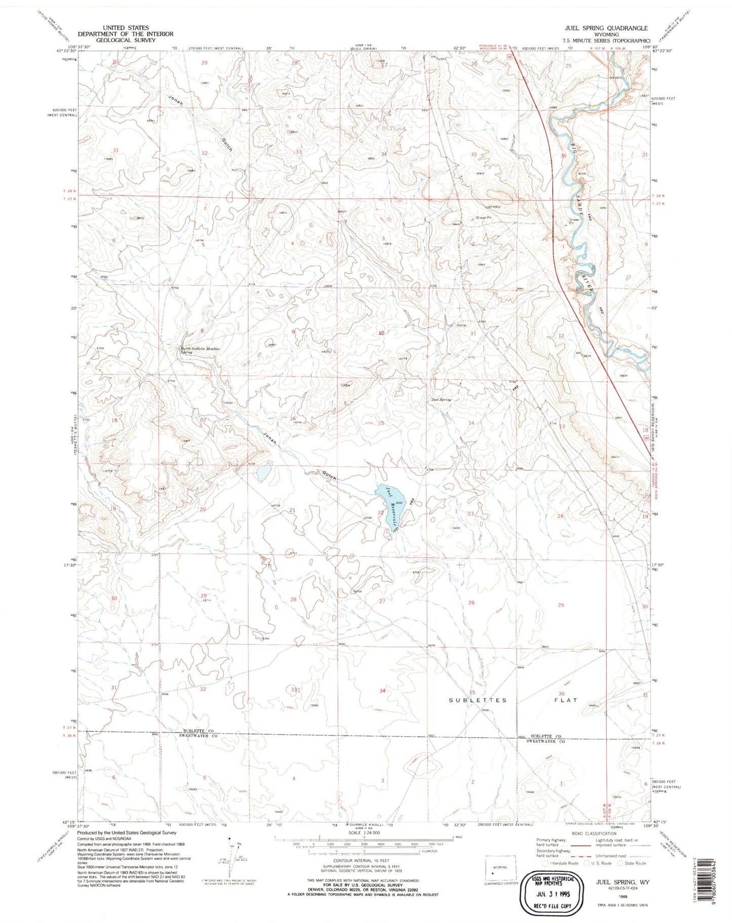 Classic USGS Juel Spring Wyoming 7.5'x7.5' Topo Map Image