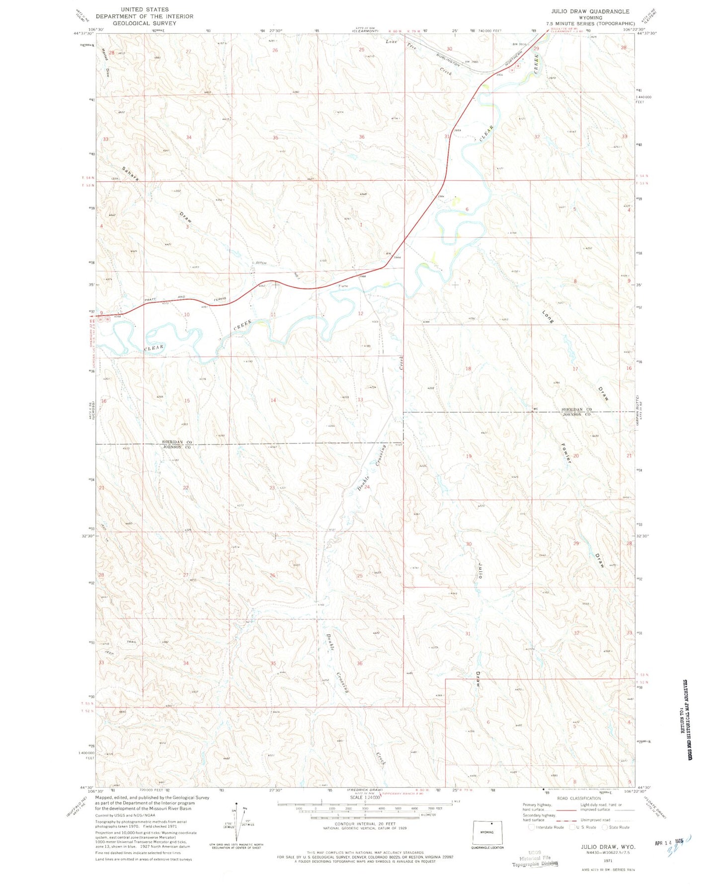Classic USGS Julio Draw Wyoming 7.5'x7.5' Topo Map Image