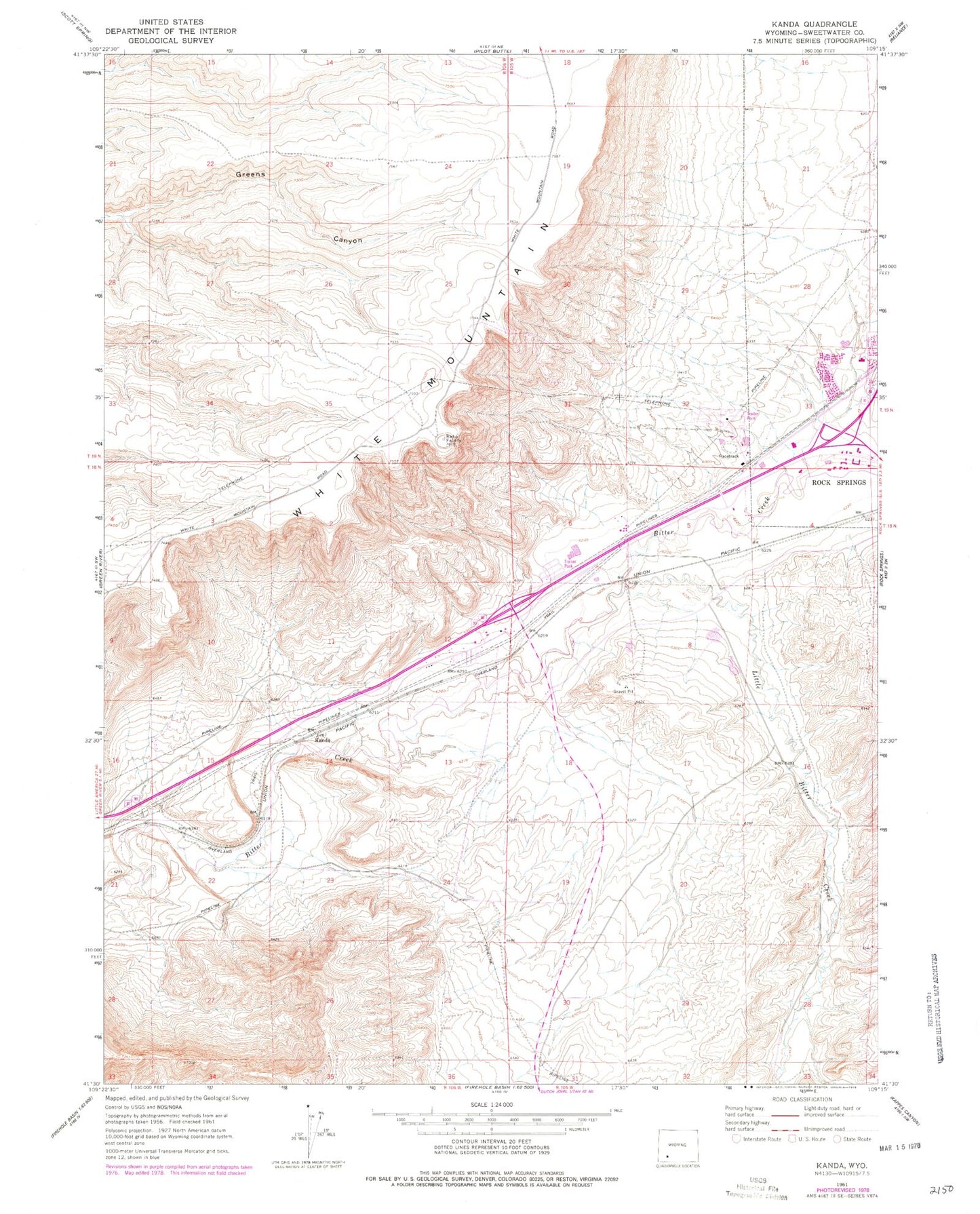 Classic USGS Kanda Wyoming 7.5'x7.5' Topo Map Image