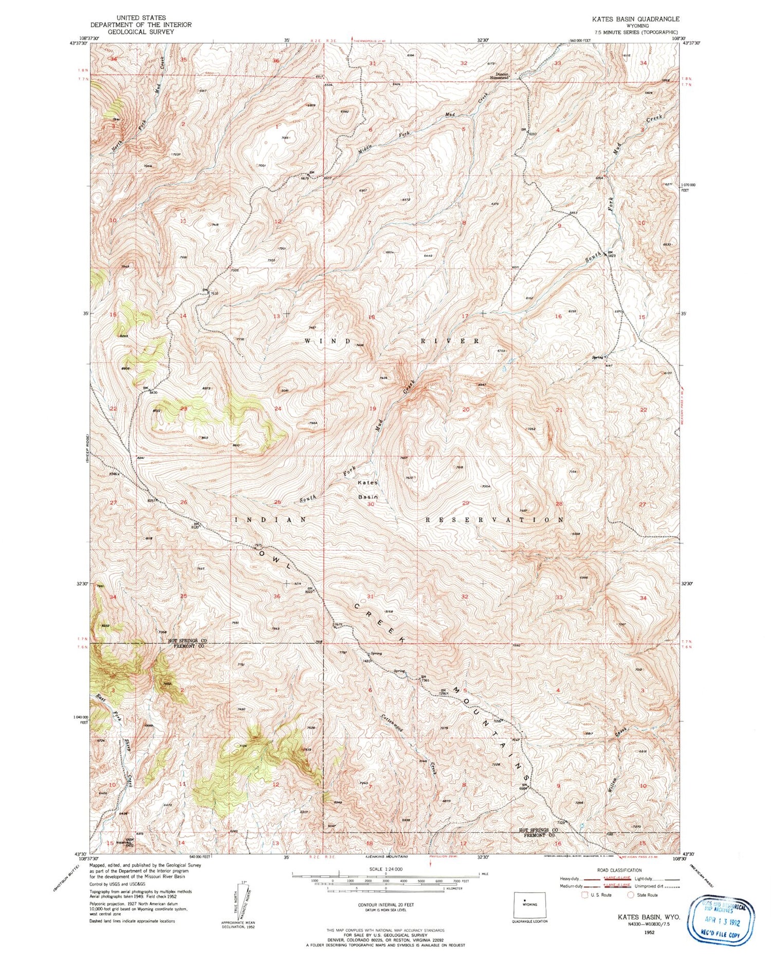 Classic USGS Kates Basin Wyoming 7.5'x7.5' Topo Map Image