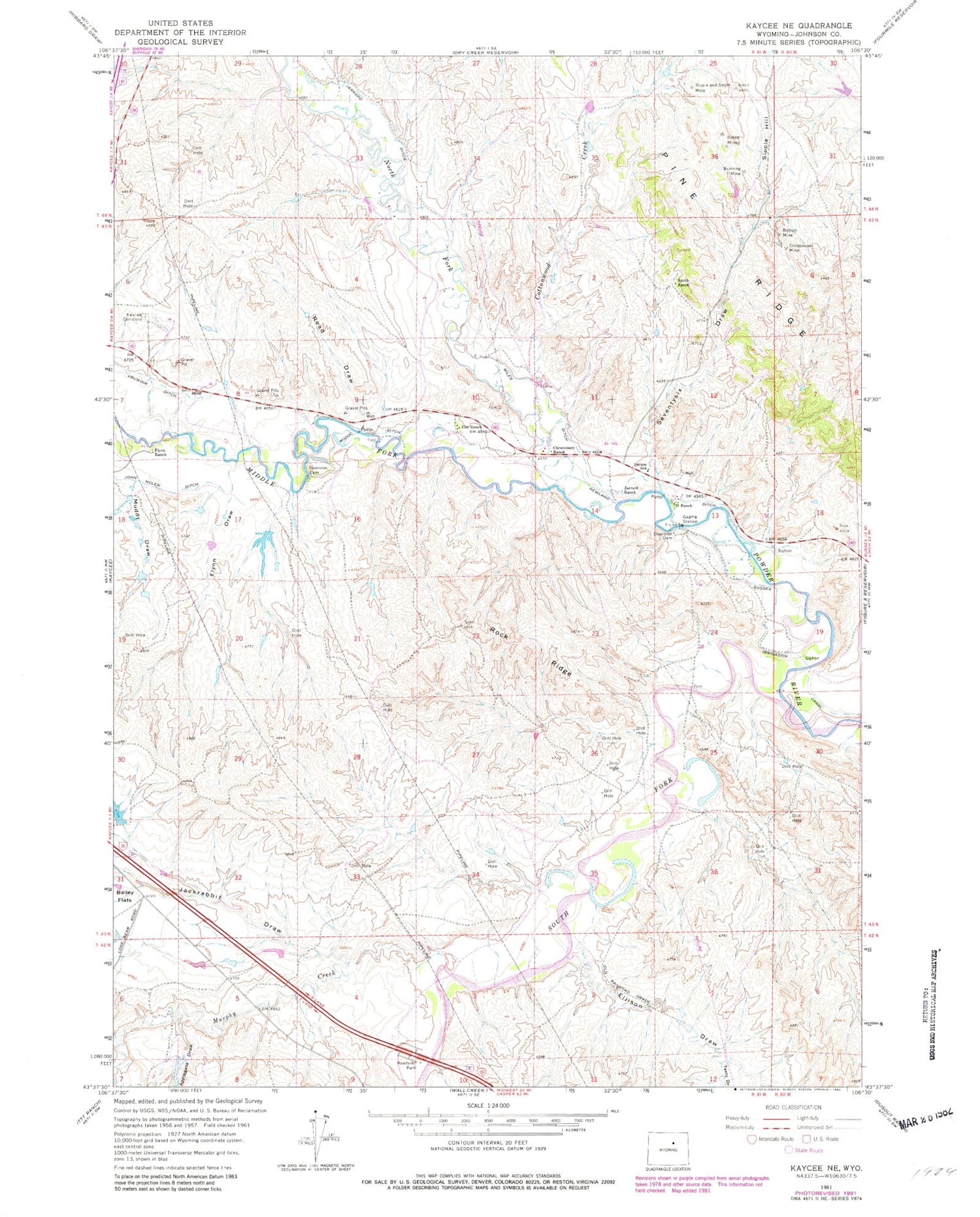 Classic USGS Kaycee NE Wyoming 7.5'x7.5' Topo Map Image