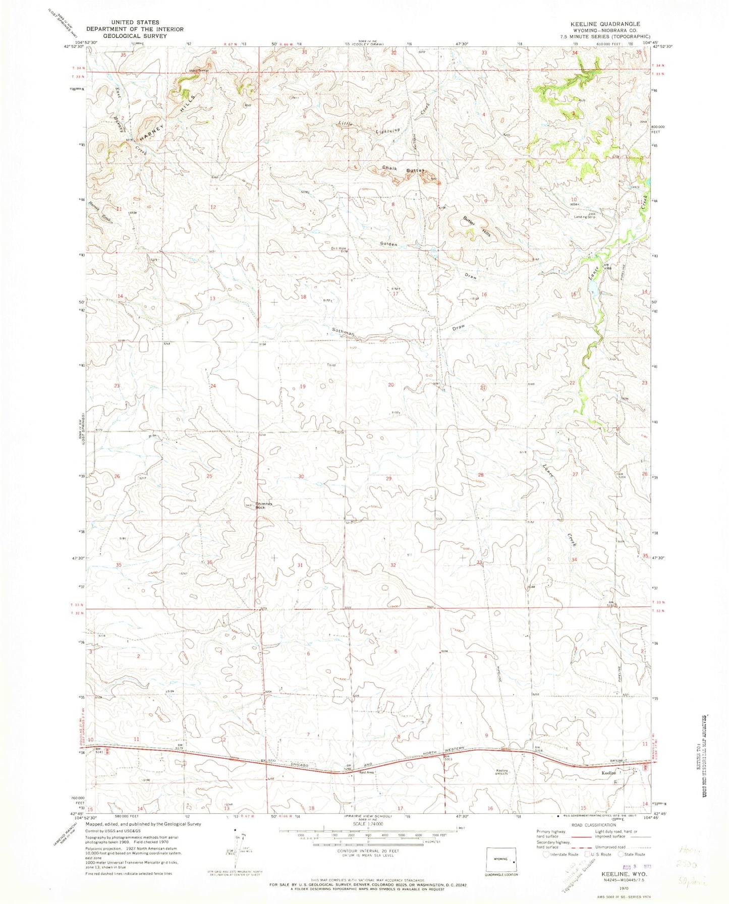 Classic USGS Keeline Wyoming 7.5'x7.5' Topo Map Image