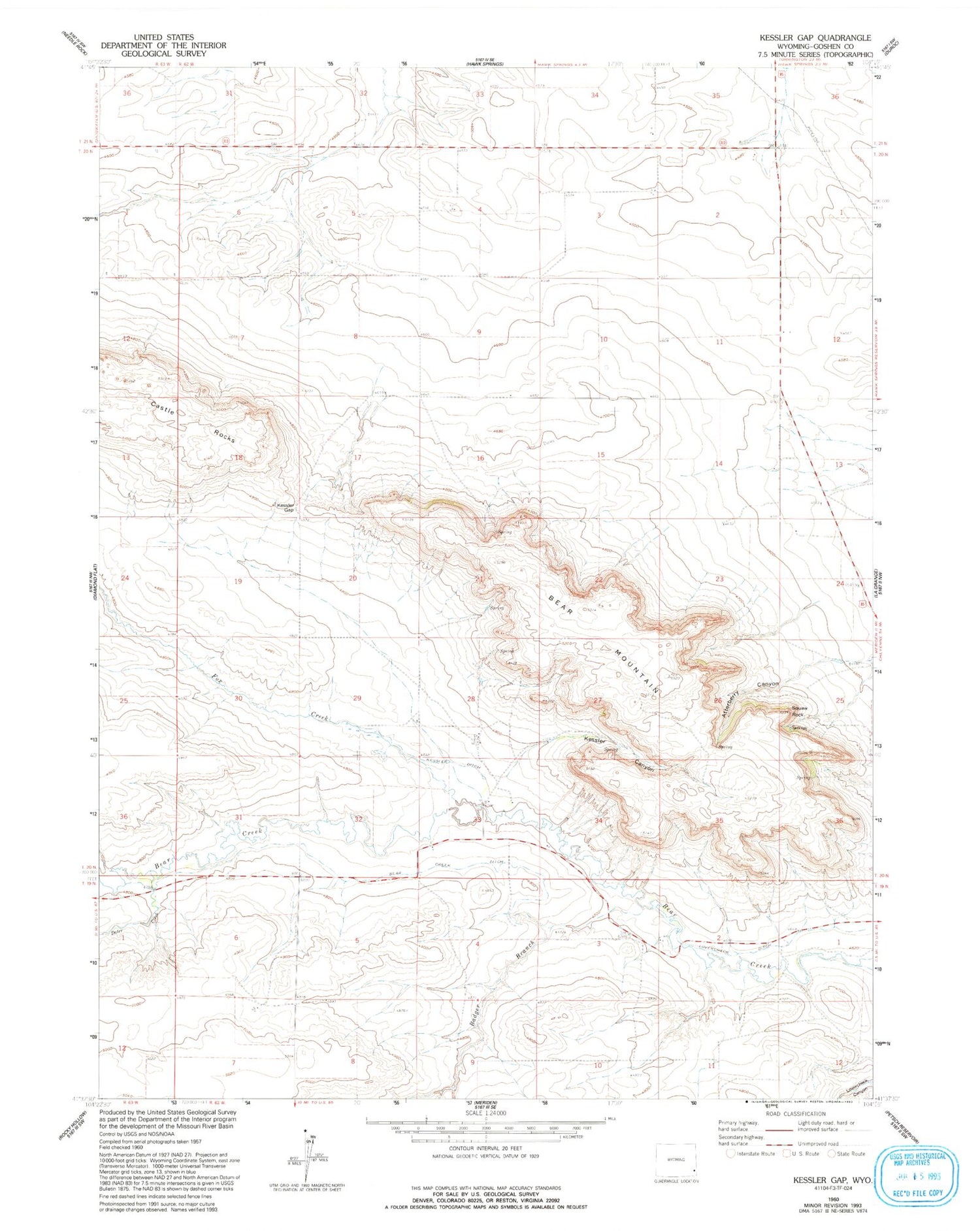Classic USGS Kessler Gap Wyoming 7.5'x7.5' Topo Map Image