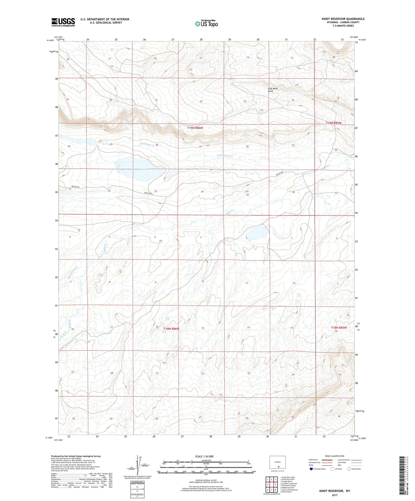 Kindt Reservoir Wyoming US Topo Map Image