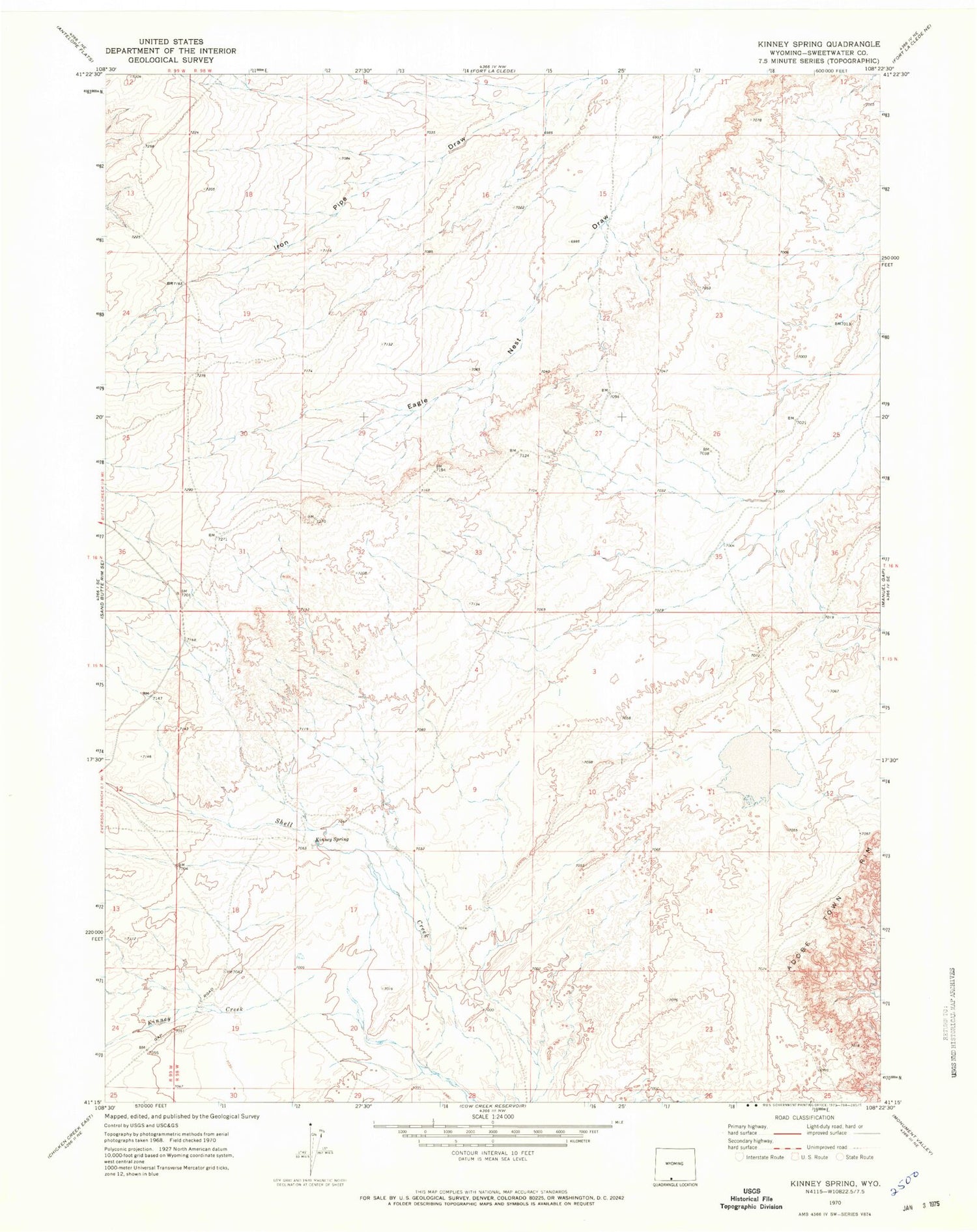 Classic USGS Kinney Spring Wyoming 7.5'x7.5' Topo Map Image