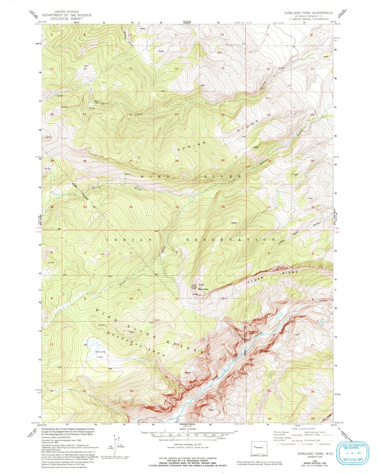 Classic USGS Kirkland Park Wyoming 7.5'x7.5' Topo Map Image