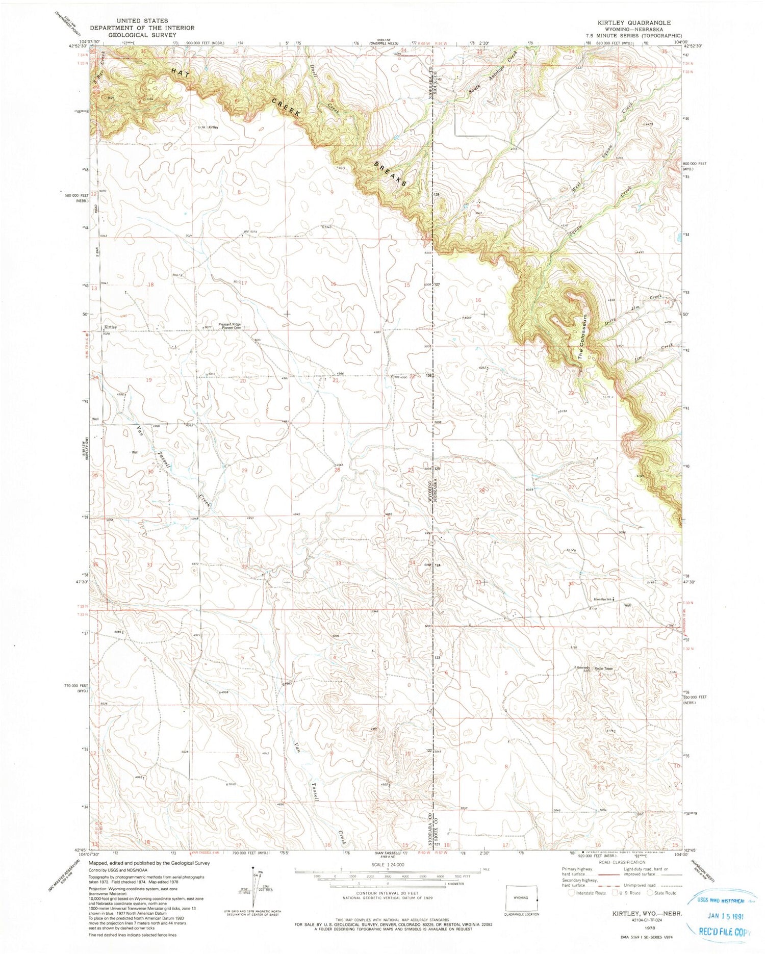 Classic USGS Kirtley Wyoming 7.5'x7.5' Topo Map Image