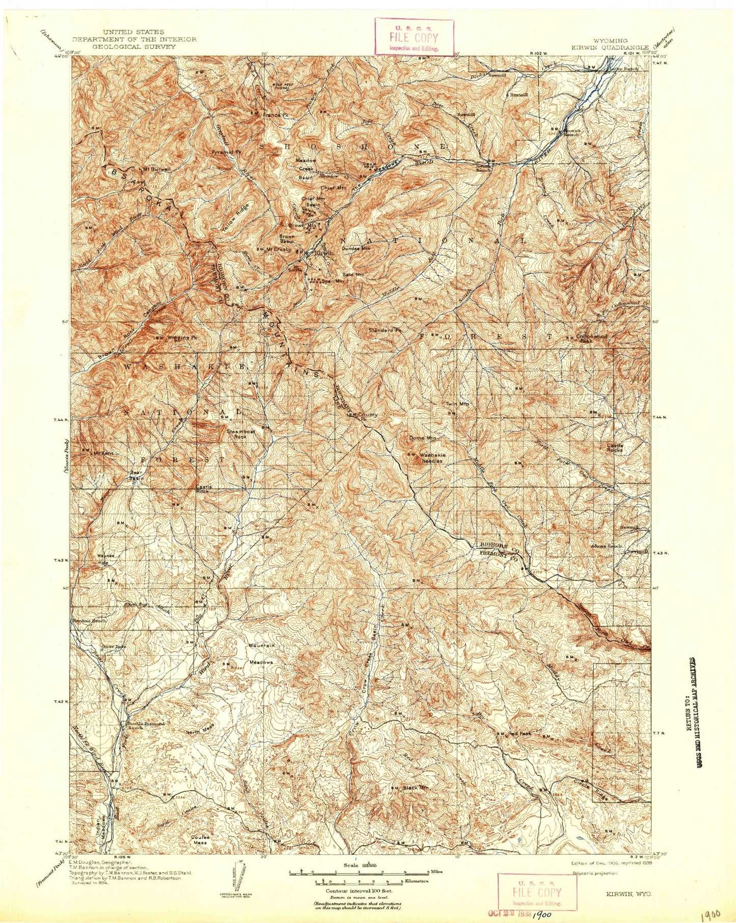Historic 1906 Kirwin Wyoming 30'x30' Topo Map Image