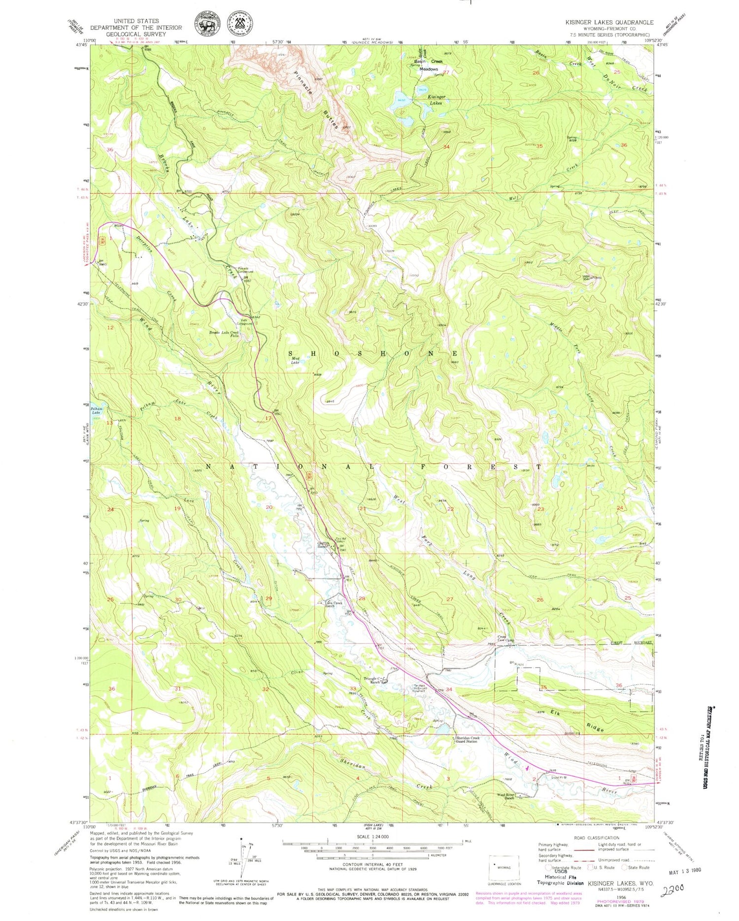 Classic USGS Kisinger Lakes Wyoming 7.5'x7.5' Topo Map Image