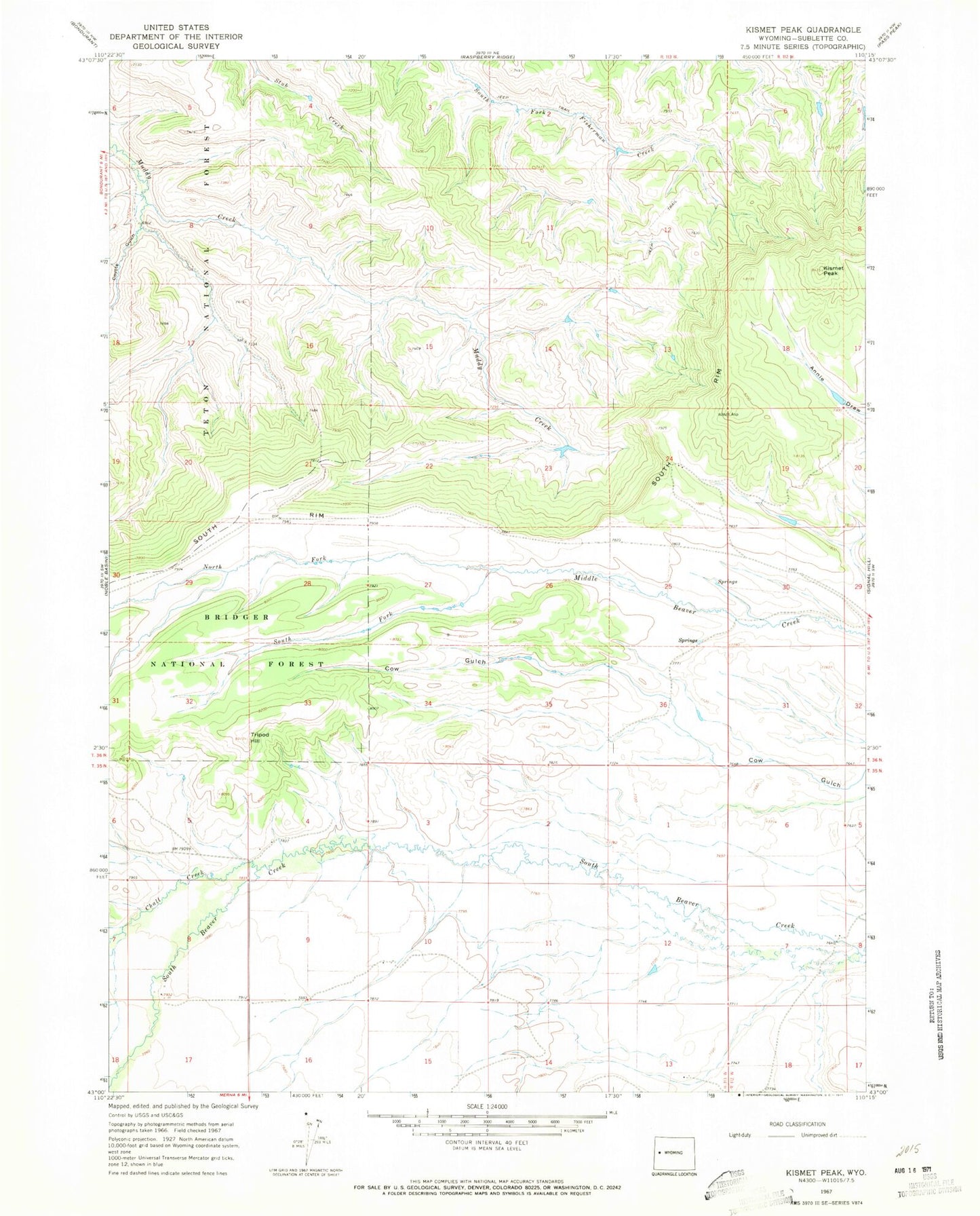 Classic USGS Kismet Peak Wyoming 7.5'x7.5' Topo Map Image