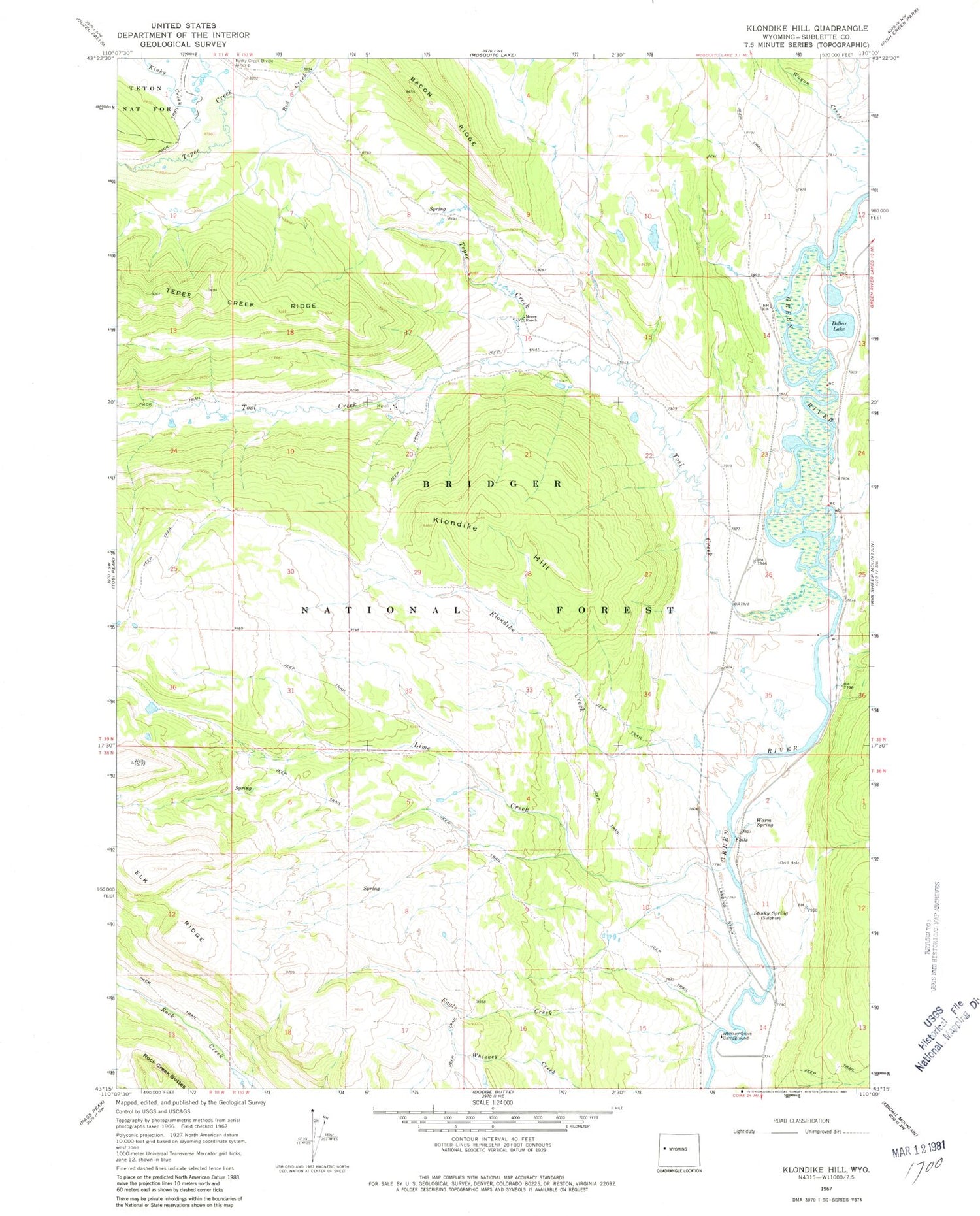 Classic USGS Klondike Hill Wyoming 7.5'x7.5' Topo Map Image