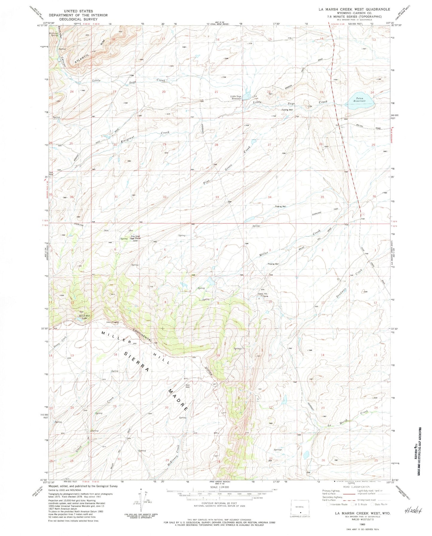 Classic USGS La Marsh Creek West Wyoming 7.5'x7.5' Topo Map Image
