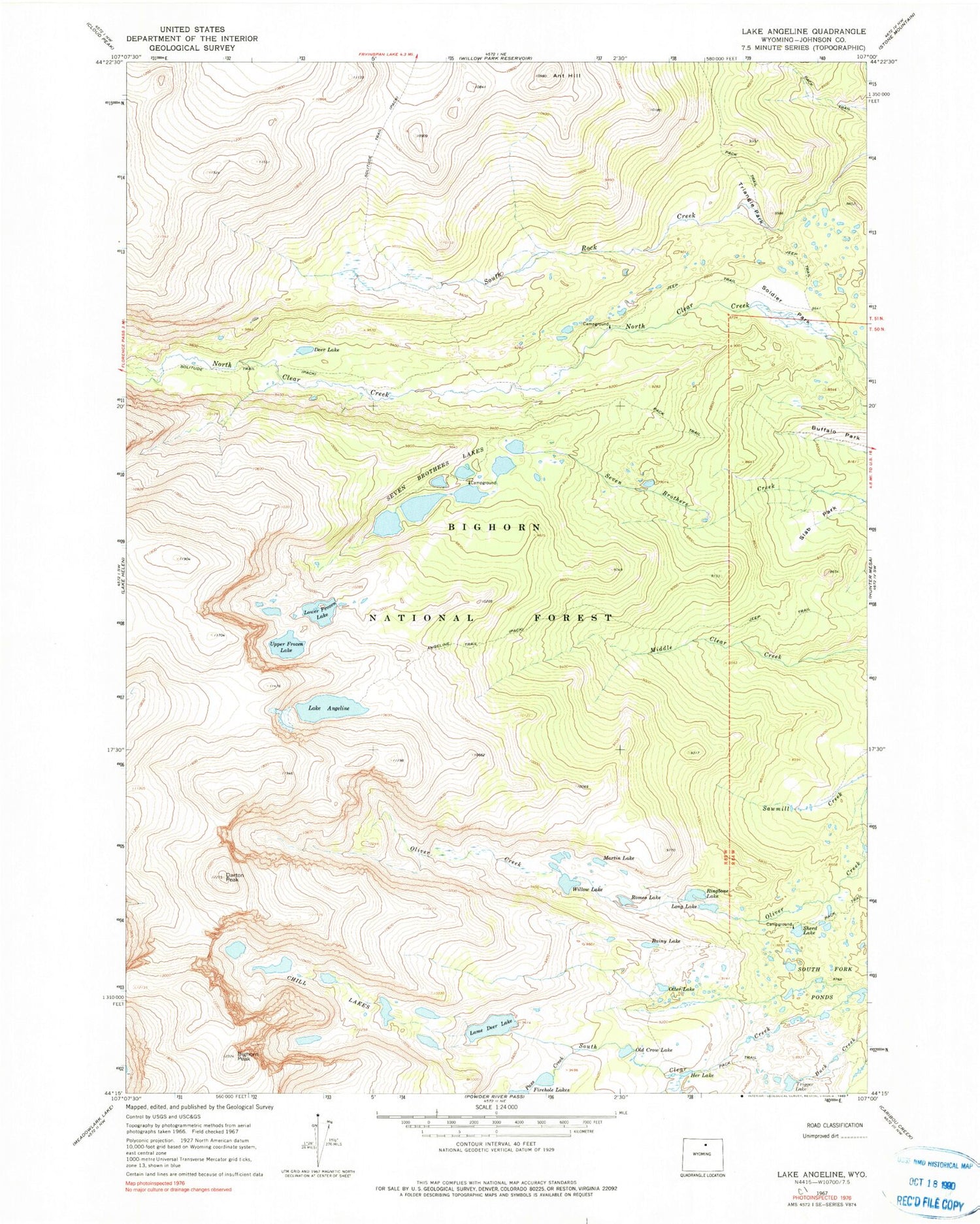 USGS Classic Lake Angeline Wyoming 7.5'x7.5' Topo Map Image