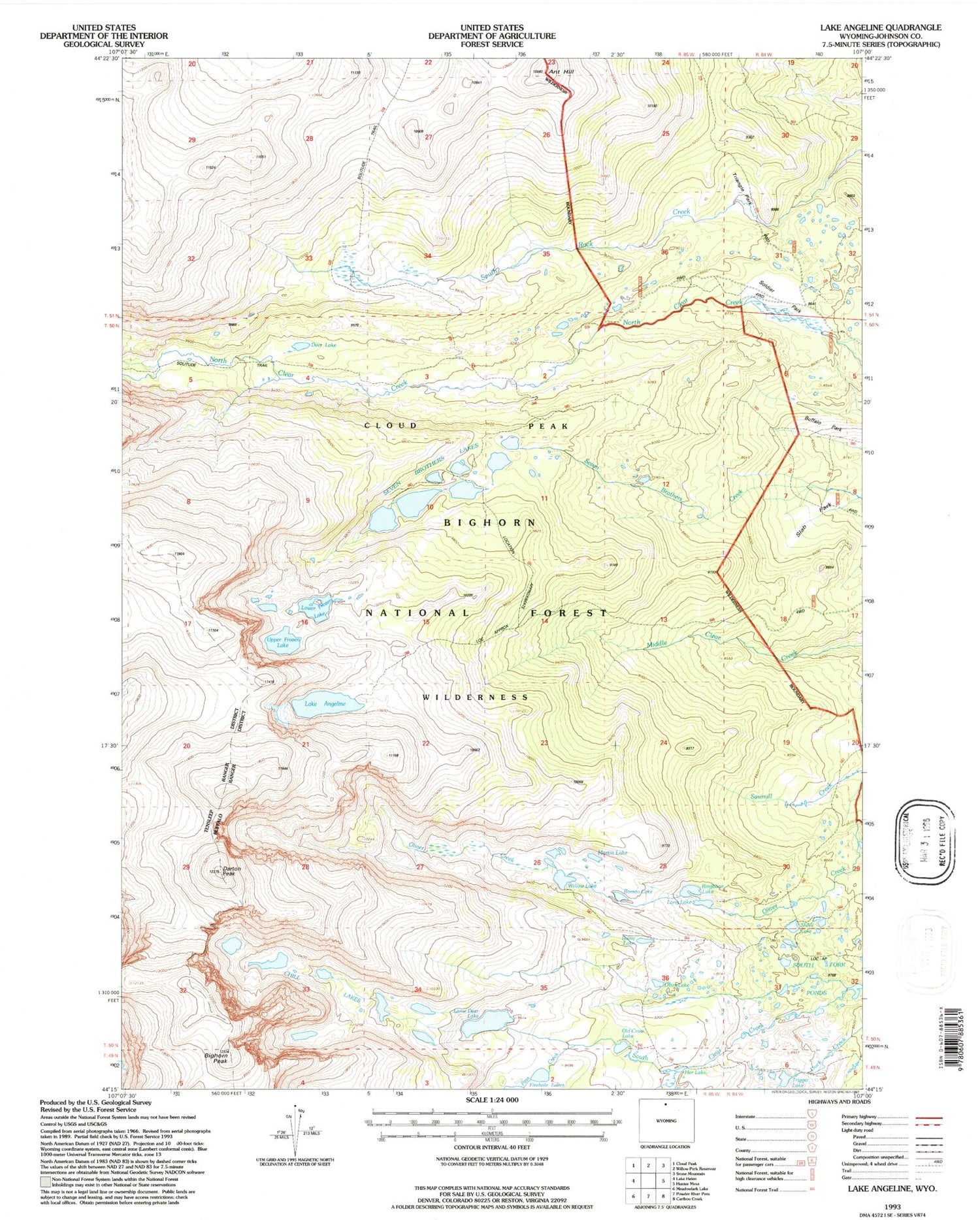 USGS Classic Lake Angeline Wyoming 7.5'x7.5' Topo Map Image