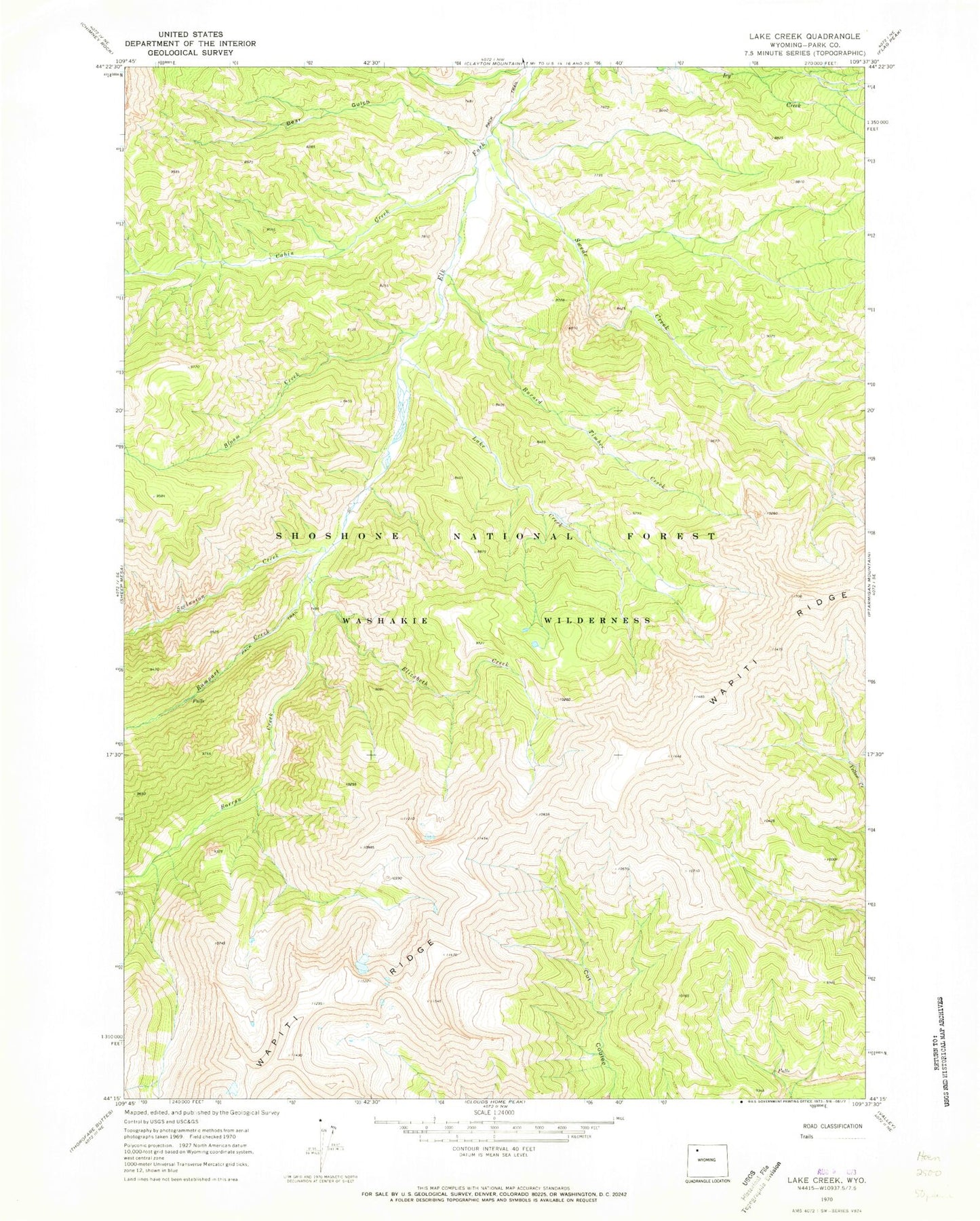 Classic USGS Lake Creek Wyoming 7.5'x7.5' Topo Map Image