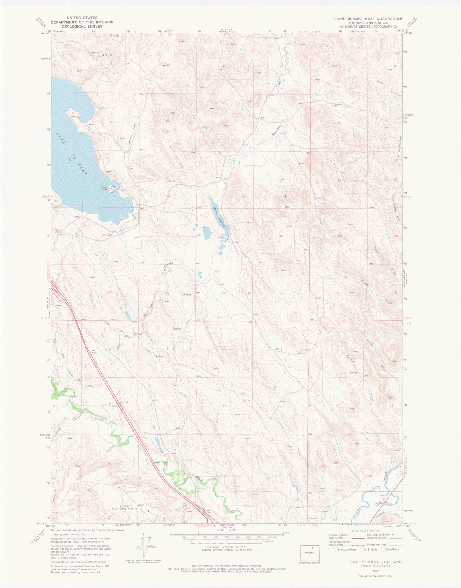 Classic USGS Lake De Smet East Wyoming 7.5'x7.5' Topo Map Image