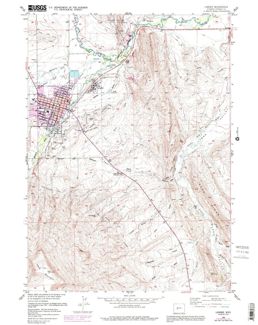 Classic USGS Lander Wyoming 7.5'x7.5' Topo Map Image