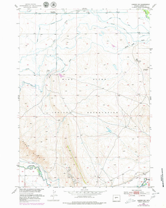 Classic USGS Lander NW Wyoming 7.5'x7.5' Topo Map Image