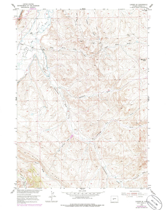 Classic USGS Lander SE Wyoming 7.5'x7.5' Topo Map Image