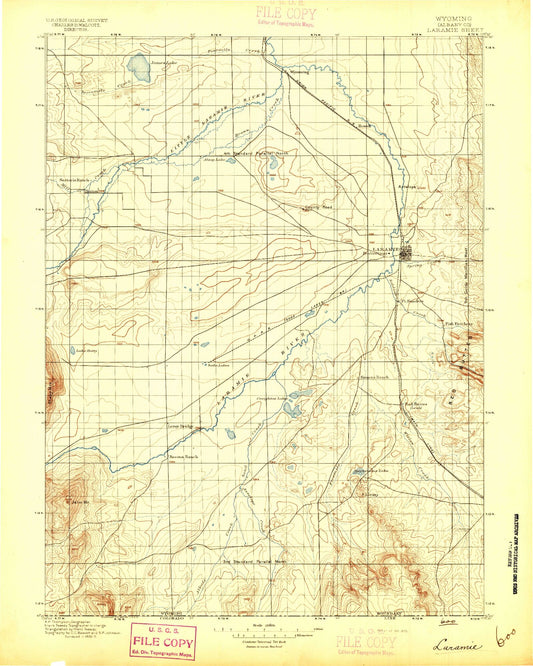 Historic 1895 Laramie Wyoming 30'x30' Topo Map Image