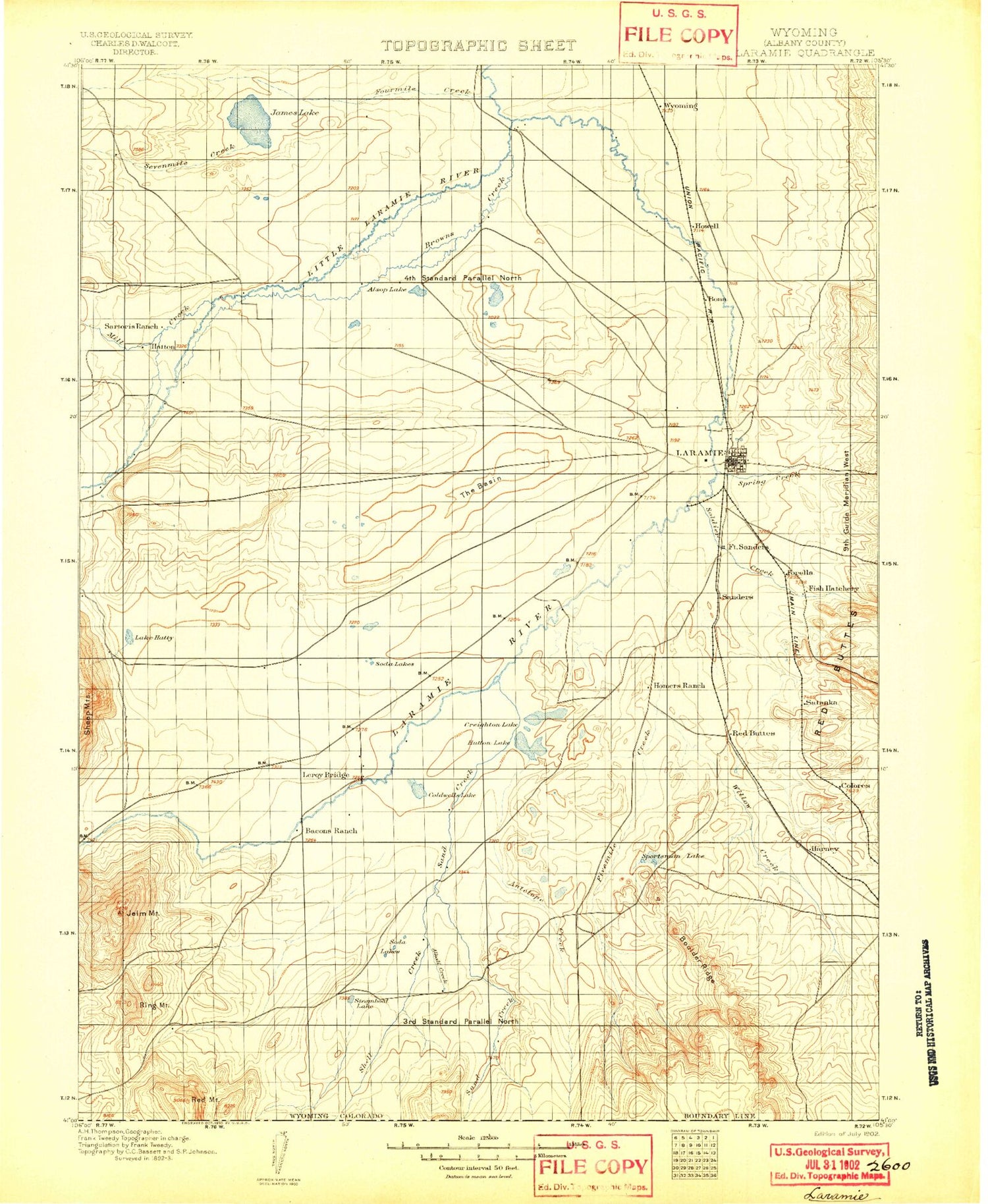 Historic 1902 Laramie Wyoming 30'x30' Topo Map Image