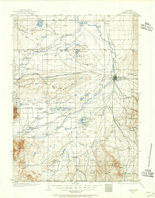 Historic 1906 Laramie Wyoming 30'x30' Topo Map Image