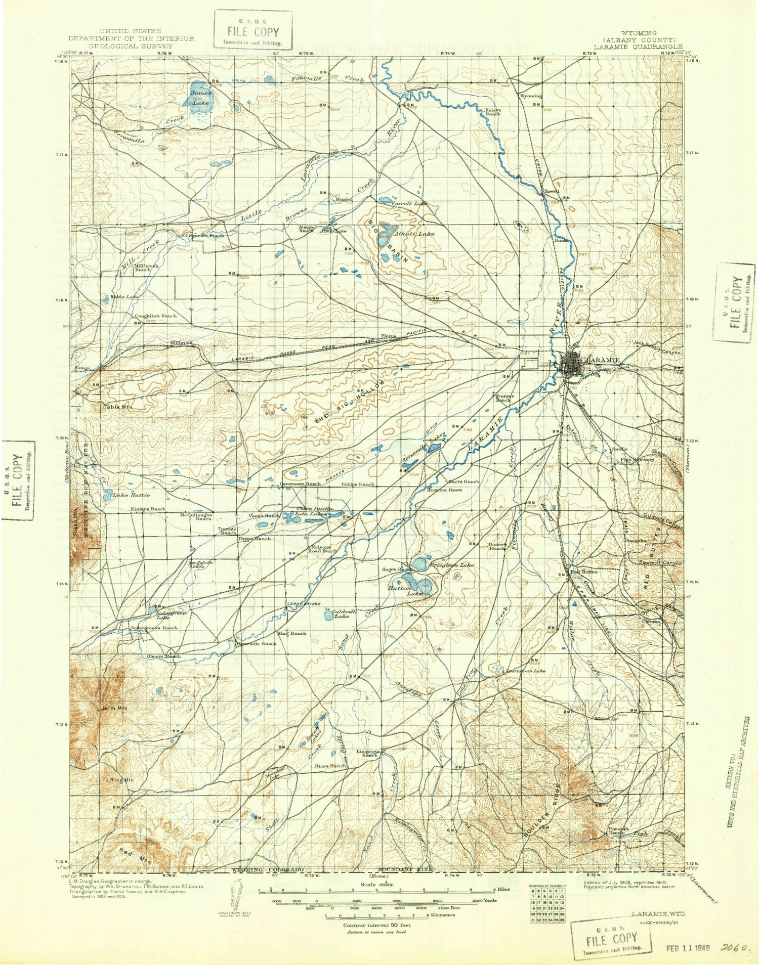 Historic 1908 Laramie Wyoming 30'x30' Topo Map Image